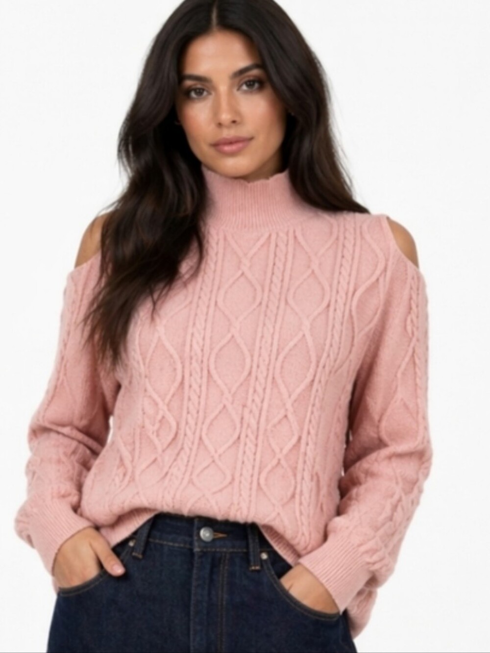 Do +Be blush Pink sweater cold shoulder mock turtleneck cable Knit Feminine Sz L